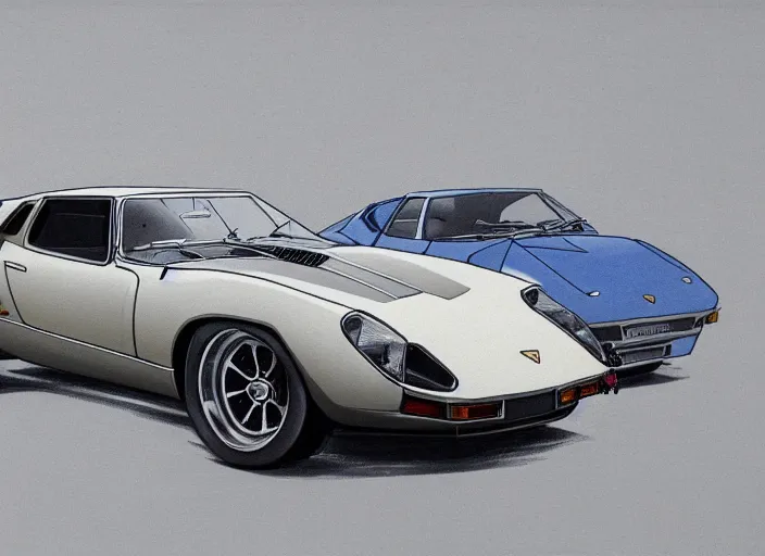 Image similar to a blending, amalgamation and detailed combination of a lamborghini countach, datsun 2 6 0 z and a jaguar e - type, concept art, round headlights, 8 k, highly detailed, trending on art station