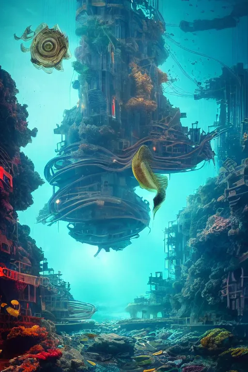 Image similar to high quality photo of cinematic underwater dystopian futurist city ruins with giant bioluminescent multicolored mutant fish and cyborg jellyfish, masterpiece, aykut aydogdu eric zener, very dramatic volumetric light, long shot, ground angle uhd 8 k, deep focus