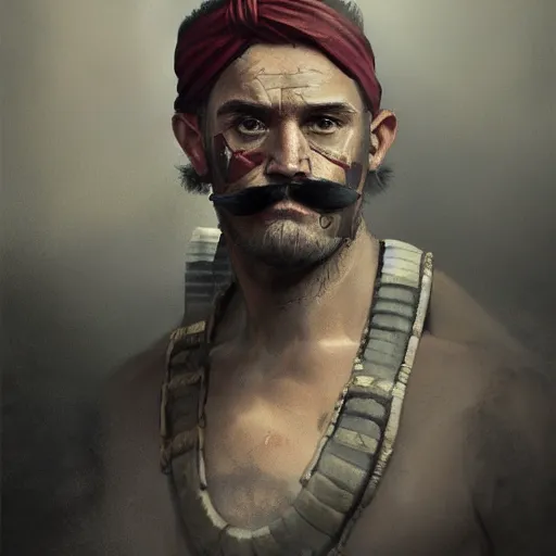 Image similar to portrait old vice barbarian warrior with trucker mustache and bandana, 8 k, trending on art station, by tooth wu and greg rutkowski