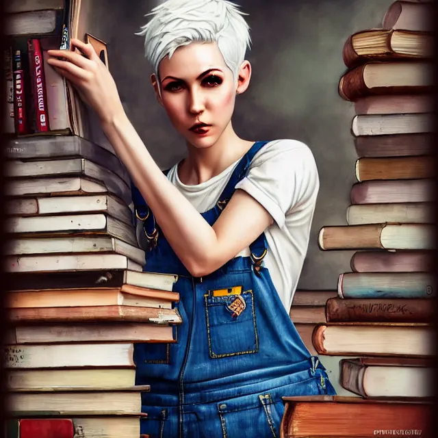 Image similar to full body pose, beautiful adult fairy, short white hair shaved sides, dirty, grungy, grunge, long sleeve, painted overalls, stacks of giant books, highly detailed, 4 k, hdr, smooth, sharp focus, high resolution, award - winning photo, artgerm, photorealistic