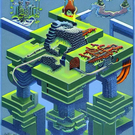 Prompt: isometric world by michael whelan.