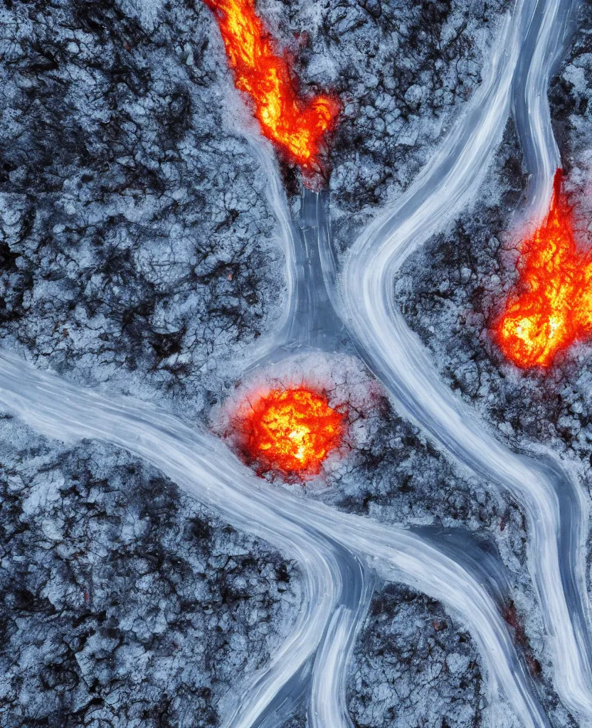 Prompt: Icy road on a planet of lava, flames alongside the road, perspective from above the car, photorealism, 4k