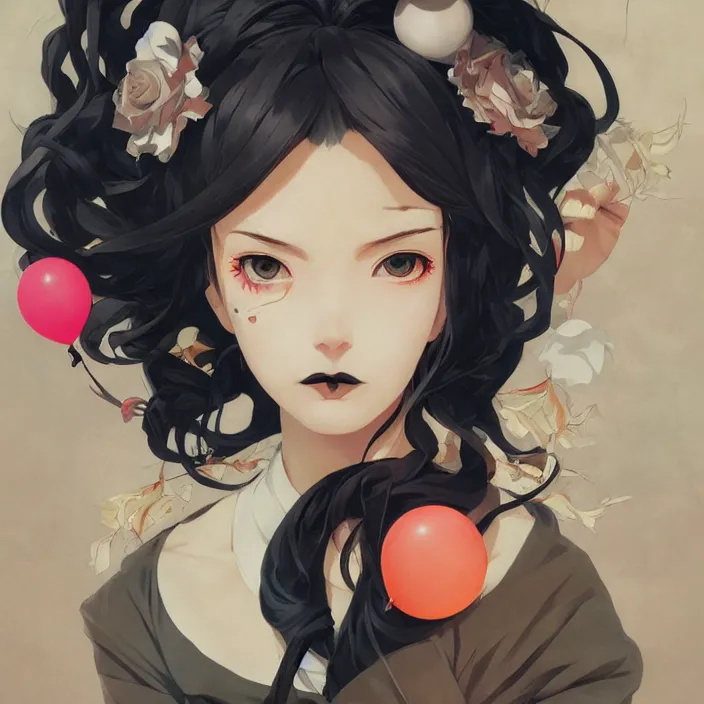 Image similar to anime skull portrait woman, balloons, mucha, hard shadows and strong rim light, art by jc leyendecker and atey ghailan and sachin teng