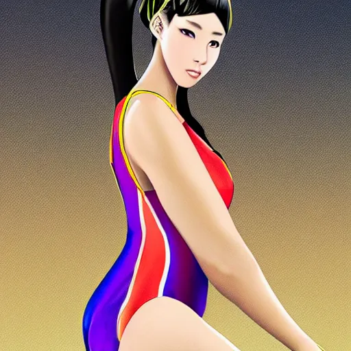 Prompt: a young gorgeous Chinese woman wearing sport racing competitive one piece swimsuit leotard, worksafe, by Hollywood concept artist