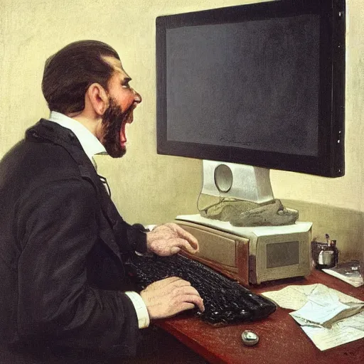 Image similar to an angry man yells at his computer monitor, oil on canvas, 1 8 8 3, highly detailed