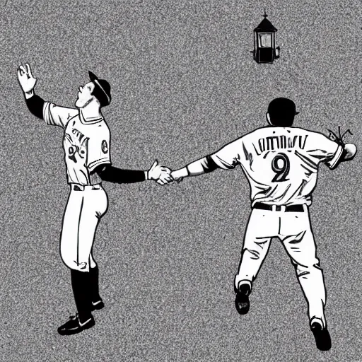 Prompt: mike trout and shohei ohtani holding hands and ascending towards the sky, drawing in the style of a new yorker cartoon