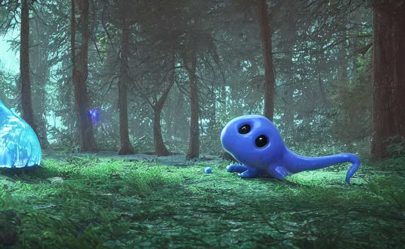 Image similar to a blue slime creature in a forest near a lake at sunrise, hyperrealistic, concept art, photorealistic, octane render, unreal engine 5, path traced, highly detailed, high quality, 8K, soft lighting, geometric, sunrays, trending on Artstation, soft lighting