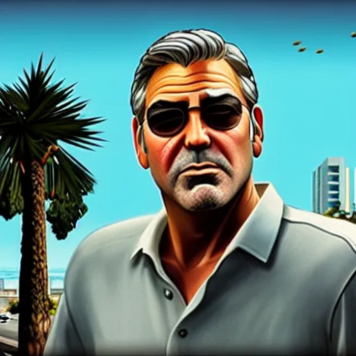 Image similar to george clooney in gta v. los santos in background, shallow depth of field, palm trees in the art style of stephen bliss
