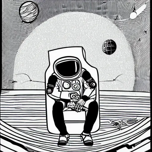 Prompt: Medium shot of a futuristic astronaut relaxing in space designed by Marjane Satrapi, digital art, cartoon art, minimalistic, illustration, fine lines, dadaistic,