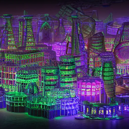 Image similar to a glossy claymodel of a steampunk aztec futuristic city, a city made of wires and multicolored glowing tubes, multicolored led screen, 8 k, front shot, symetrical, flourescent colors, halluzinogenic, multicolored, insanely detailed, 3 d render, octane