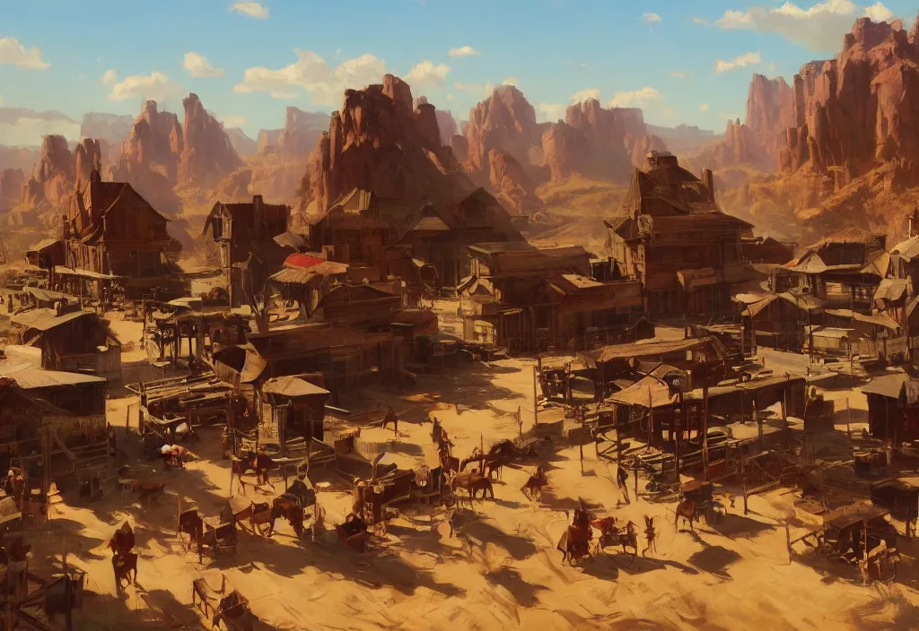 Prompt: greg manchess painting of a wild west town landscape in the year 1 8 5 0, any person in the painting only buildings, painting, trending on artstation, by huang guangjian and gil elvgren and sachin teng