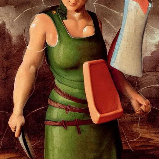 Prompt: determined elf woman with short blonde hair wearing a kitchen maid's uniform while holding a chef's knife and standing in the rain, fantasy, character portrait, Michelangelo painting