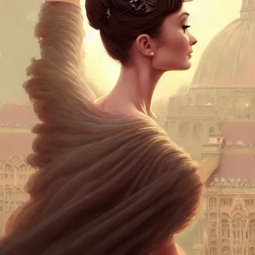 Prompt: audrey hepburn in an epic romance novel, intricate, elegant, highly detailed, digital painting, artstation, matte, illustration, art by artgerm, greg rutkowski, loish, rhads, ferdinand knab, makoto shinkai, lois van baarle, ilya kuvshinov, rossdraws, tom bagshaw