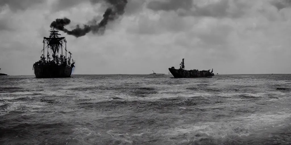 Image similar to sri lankan mad max style, ocean, big ship, film still, epic shot cinematography, rule of thirds