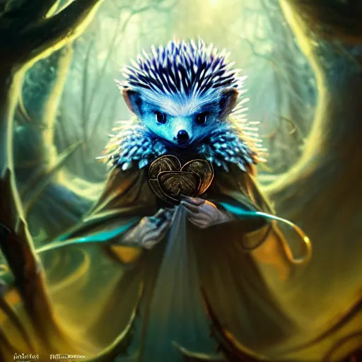 Image similar to Hedgehog magus, Tzeentch, portrait, nature, fairy, forest background, magic the gathering artwork, D&D, fantasy, cinematic lighting, centered, symmetrical, highly detailed, digital painting, artstation, concept art, smooth, sharp focus, illustration, volumetric lighting, epic Composition, 8k, art by Akihiko Yoshida and Greg Rutkowski and Craig Mullins, oil painting, cgsociety