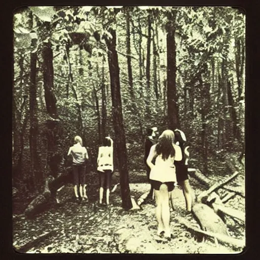 Prompt: dark forest party in 1 9 6 9, polaroid photo, perfect photo, photo pinterest