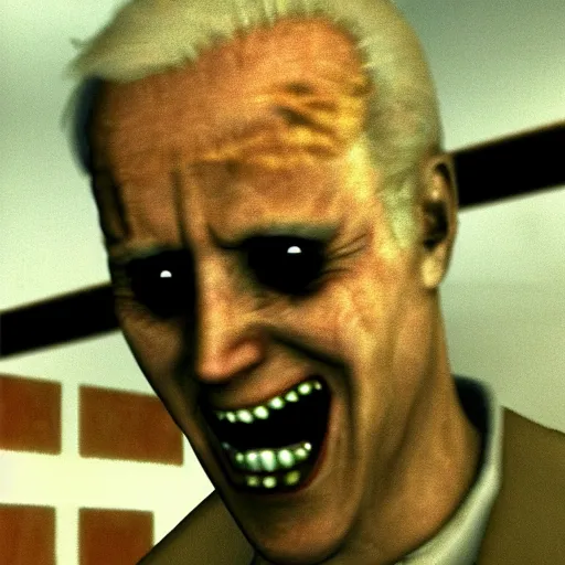 Image similar to silent hill pt with joe biden high detail scary menacing grin evil and large teeth in the fox engine