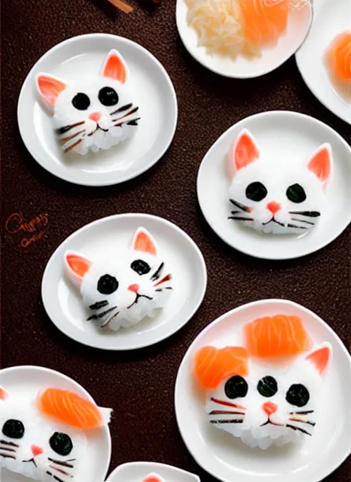 Image similar to clear photorealistic picture of simple cute cats made from sushi rice, arranged on sushi plates with garnish