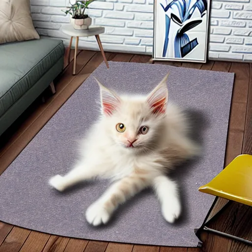 Image similar to a playful cream colored maine coon kitten is alone in a dark and dusty parlor. it plays with cat toys on a colorful round throw rug. 8 k, 4 k, digital art, artstation