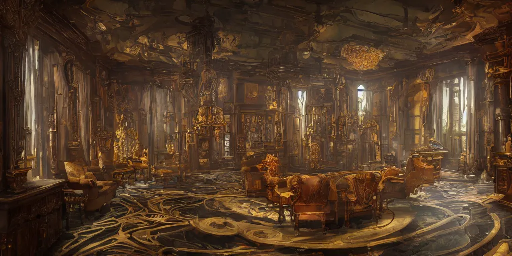 Image similar to steampunk mansion hall interior, colorful, contrast, depth of field, 3 d scene, render, greg rutkowski, zabrocki, karlkka, jayison devadas, trending on artstation, 8 k, ultra wide angle, zenith view, pincushion lens effect