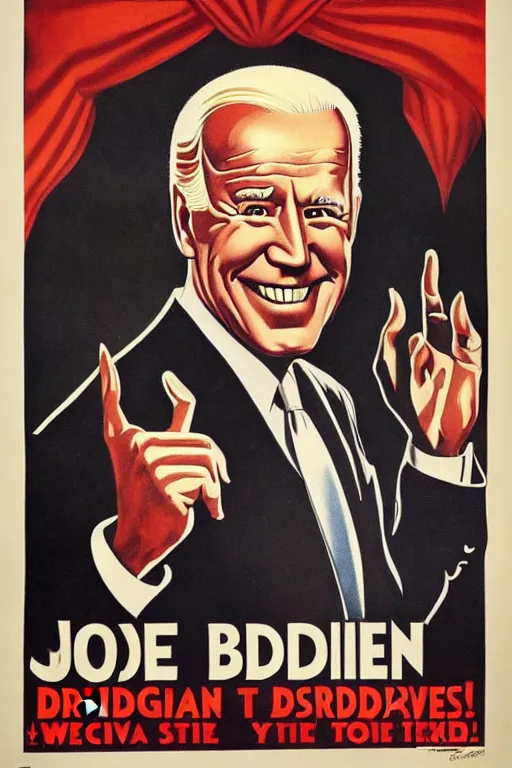 Image similar to joe biden!!!!! propaganda poster by miguel covarrubias! smile, creepy!, joe biden as satan!!! devil worshiper!!! ink print press, ww 2 poster,, iconic, masterpiece, ornate and detailed, propaganda, award winning