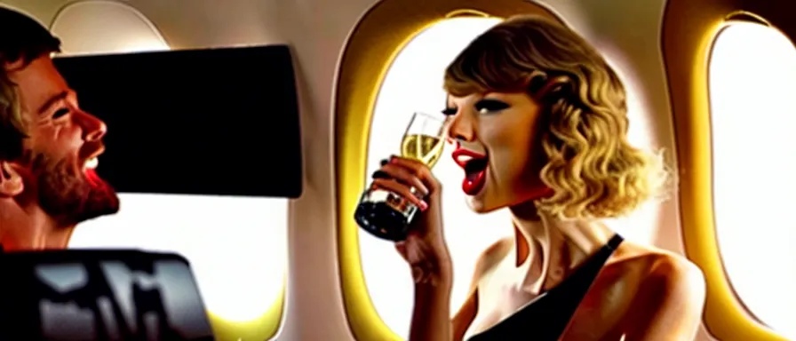 Image similar to Cinematography Taylor Swift Lauging and drinking champagne in her private jet by Emmanuel Lubezky