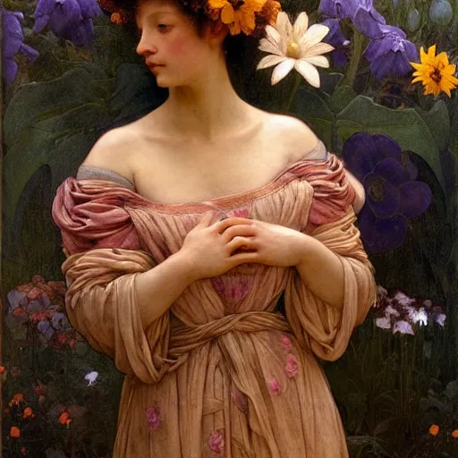 Image similar to princess of flowers, by annie swynnerton and charlie bowater and diego rivera and william - adolphe bouguereau, nicholas roerich and jean delville and evelyn de morgan, dramatic lighting, brocade robes, elaborate floral ornament, rich colors, smooth sharp focus, extremely detailed, donato giancola, adolf wolfli
