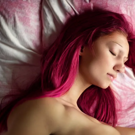 Image similar to tan woman with long pink hair sleeping in bed