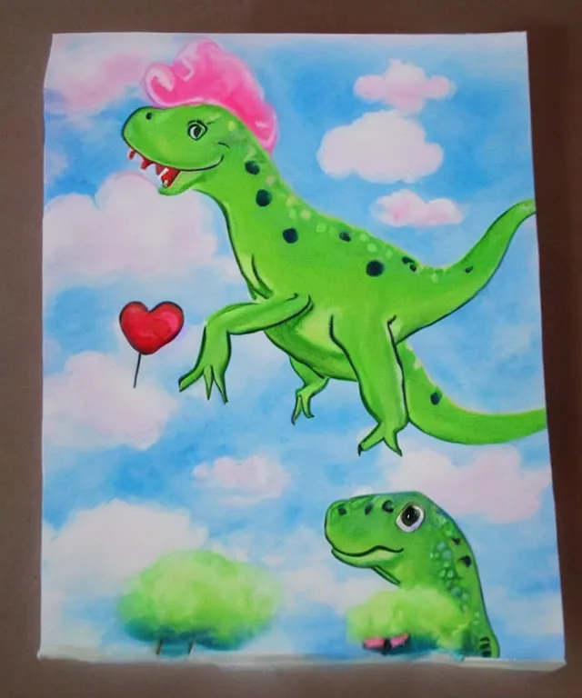 Image similar to a cute little dinosaur, water painting, cotton candy, fluffy clouds