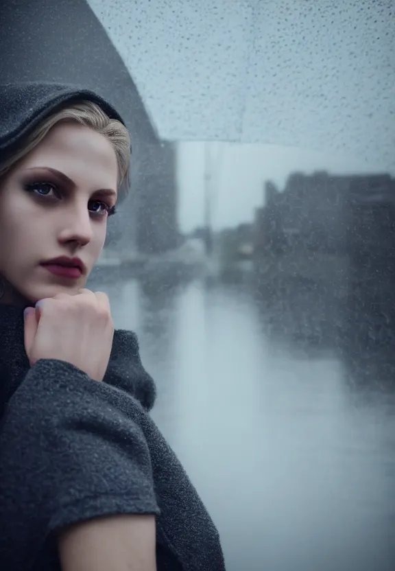 Image similar to cute model annie leonhart posing in dunwall city, beautiful face, detailed face, realistic eyes, cinematic lighting, rainy weather, melancholy atmosphere, volumetric light, gothic architecture, realistic reflections, model agency, instagram photo, depression atmosphere, shot on sony a 7, beauty filter, postprocessing