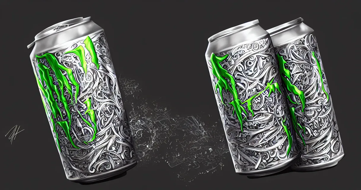 Image similar to aluminian can of monster energy drink, intricate and very very beautiful and elegant, highly detailed, digital painting, artstation, concept art, smooth and sharp focus, illustration