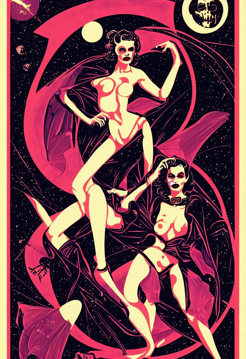 Prompt: vintage science fiction magazine poster of a vampire babe, vector art, 8k, highly detailed illustration