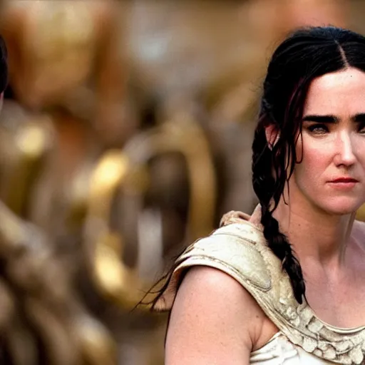 Image similar to first photos of 2 0 2 4 female 3 0 0 remake - jennifer connelly as leonidas, ( eos 5 ds r, iso 1 0 0, f / 8, 1 / 1 2 5, 8 4 mm, postprocessed, crisp face, facial features )