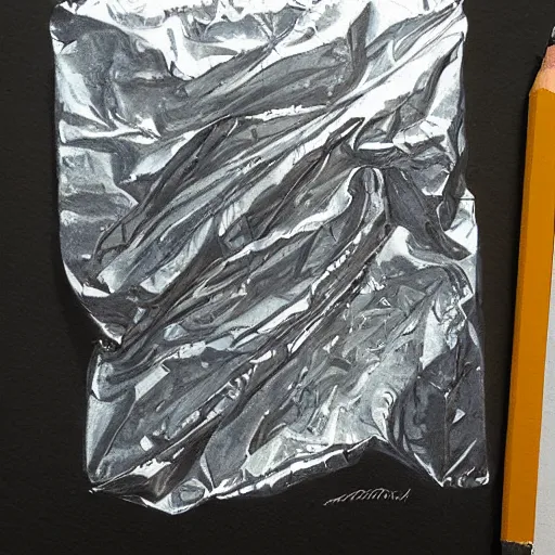 Image similar to a drawing of aluminum foil painted by greg rutkowski