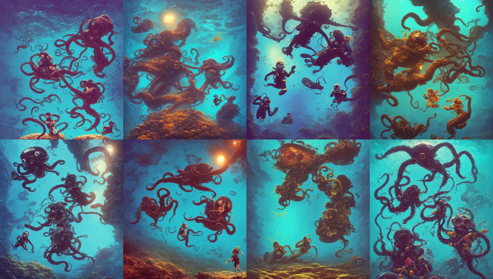 Prompt: dark oily water, anthropomorphic octopus, little girl in diver scuba gear, alena aenami, petros afshar, noah bradley, anton fadeev, anato finnstark, steve henderson, filip hodas, mark keathley, thomas kinkade, phil koch, gilbert williams, mike winkelmann, beeple