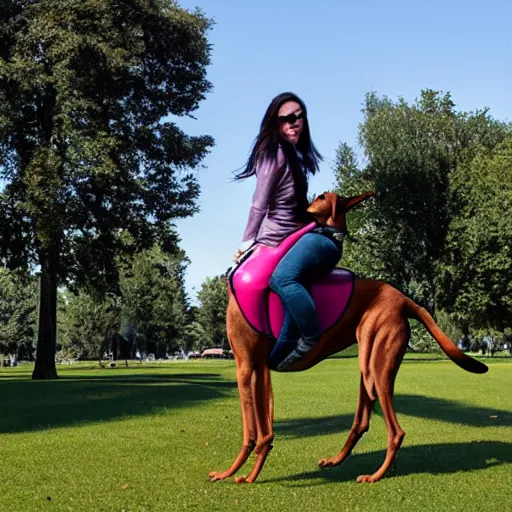 Image similar to girl riding a giant doberman in the park