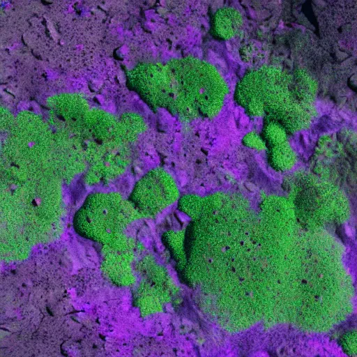 Image similar to surface of an alien planet with caves and purple alien trees t