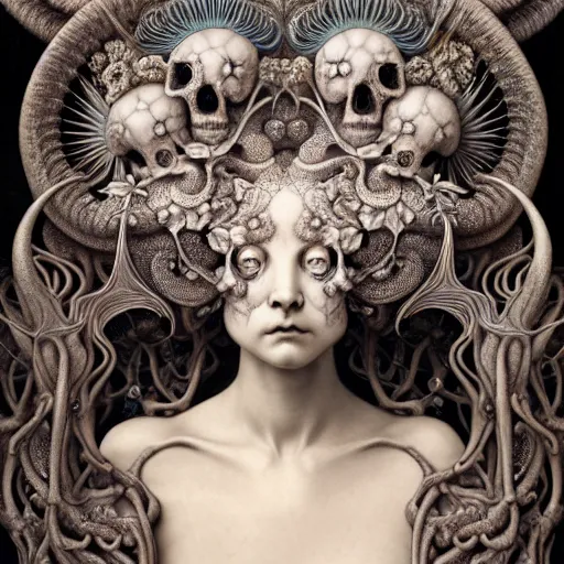 Prompt: detailed realistic beautiful porcelain calaveras goddess portrait by jean delville, gustave dore, iris van herpen and marco mazzoni, art forms of nature by ernst haeckel, art nouveau, symbolist, visionary, gothic, neo - gothic, pre - raphaelite, fractal lace, intricate alien botanical biodiversity, surreality, hyperdetailed ultrasharp octane render