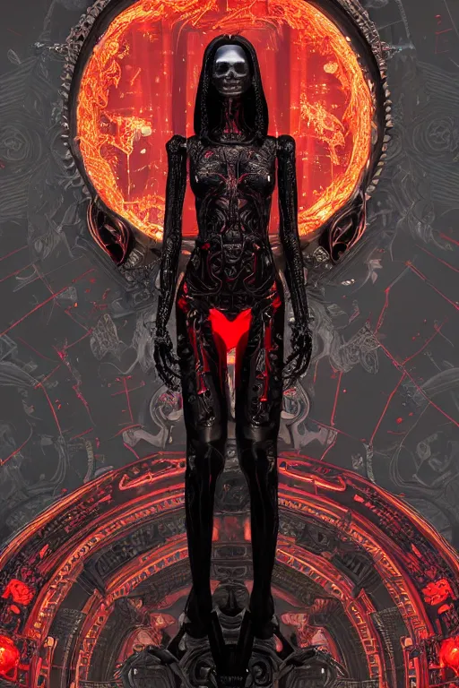 Image similar to full-body cyberpunk style sculpture of a young beautiful dark priestess, half android with a head opening exposing circuitry. glowing red eyes, black roses, flowing blood red colored silk, fabric, candles. baroque elements, human skull. full-length view. baroque element. intricate artwork by caravaggio. crows flying in background. Trending on artstation, octane render, cinematic lighting from the right, hyper realism, octane render, 8k, depth of field, 3D