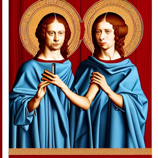 Prompt: gemini twins taking a selfie in greek ancient society hyperrealism, 8 k cinematic in jan van eyck screen print style