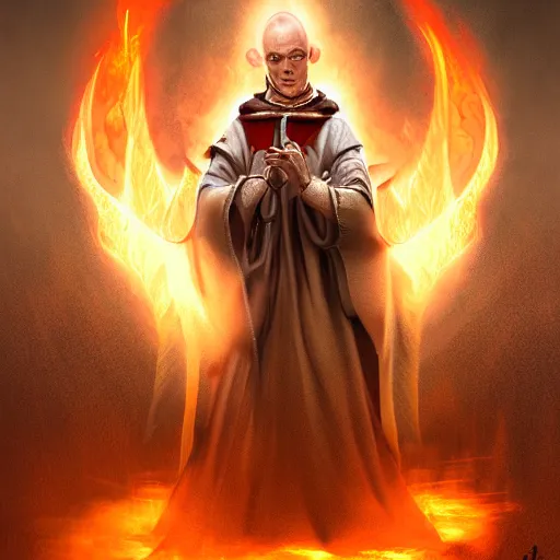 Prompt: ram horned catholic monk like half-lamb brings fire down from the sky, medieval style, trending on artstation, highly detailed, digital painting, volumetric light, concept art, sharp focus, illustration