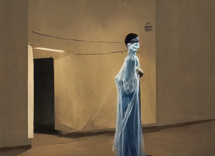 Image similar to woman in a translucent clothing made from plastic bag with paper bags for clothes standing inside paper bags with paper bag over the head at store display on flooded night street Edward Hopper and James Gilleard, Zdzislaw Beksinski, highly detailed