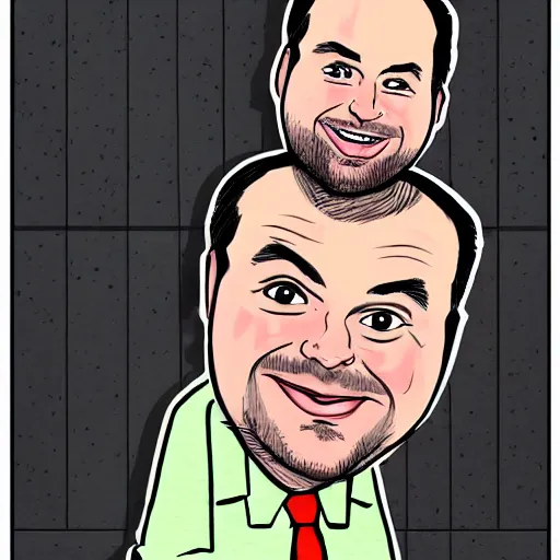 Prompt: A cartoon caricature of Rich Evans from RLM