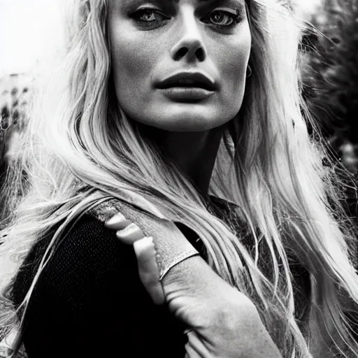 Prompt: photo of margot robbie as a paladin, full platinum blond, bleached eyebrows, pale skin, freckle, by vivian maier, realistic, high detail, high quality, trending on pinteresst