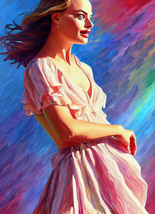 Image similar to margot robbie, frilly blouse, jeans, half body shot, path traced, highly detailed, high quality, digital painting, alena aenami, leonid afremov, lilia alvarado, shinji aramaki, karol bak, alphonse mucha, tom bagshaw