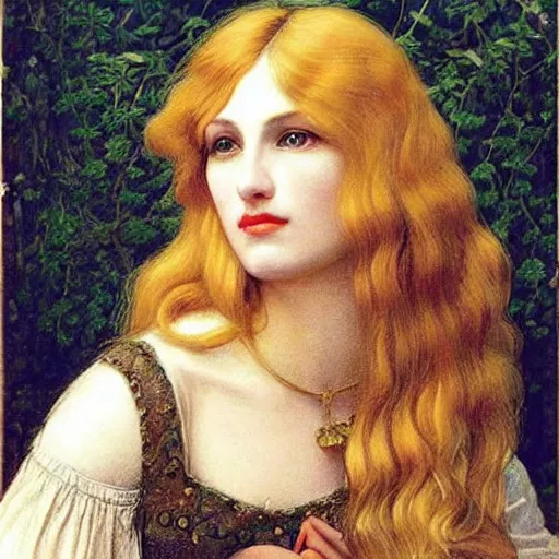 Image similar to The woman is very beautiful, she has a refined nose, plump lips, she is blonde Pre-Raphaelite style