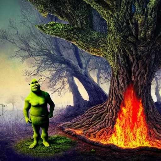 Image similar to shrek next to an oak tree aflame, still, fog in background, dantes inferno, evil album cover