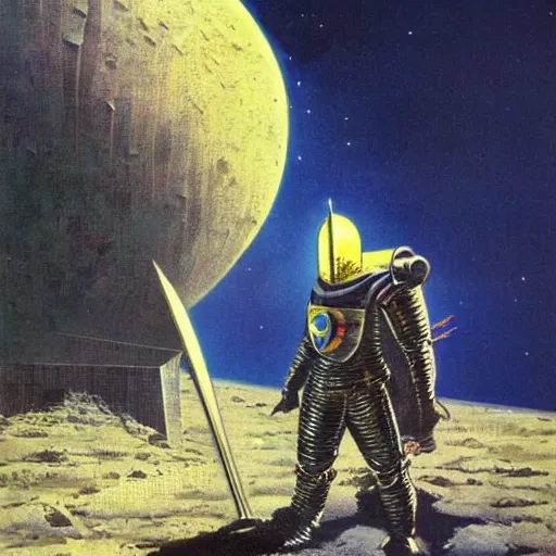 Prompt: crusader knight in armor standing on the moon, vintage sci - fi art, by bruce pennington