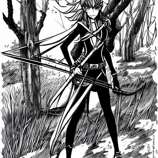 Prompt: female elven archer in forest, manga line art style, black and white art, by Eiichiro Oda