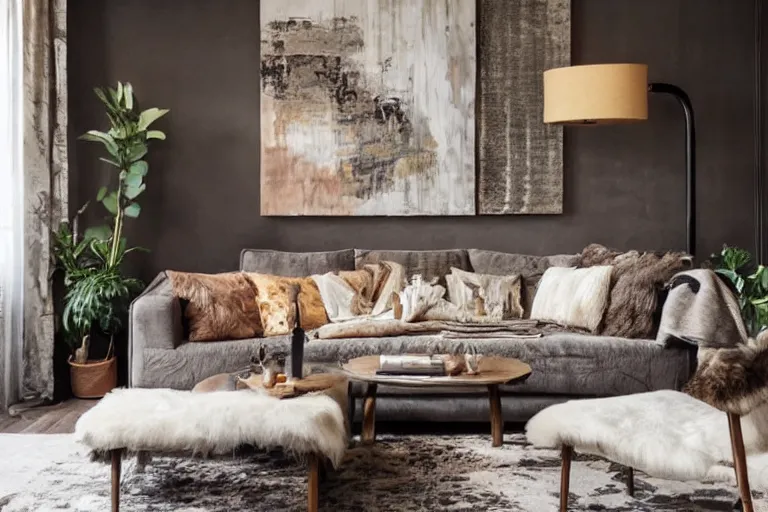 Prompt: sunrise photo of a tastefully decorated living room with dark luxurious furnishings, and a mix of antique and modern furniture, and a mix of concrete and raw wood finishes